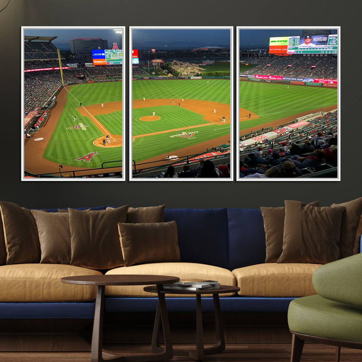 The Angel Stadium Aerial View canvas print of an Angels baseball game is showcased.