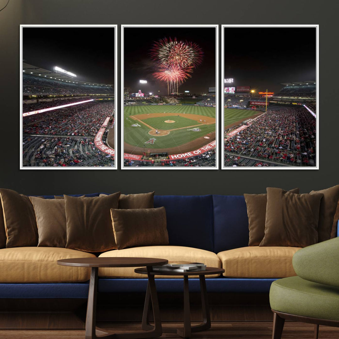 Fireworks at Angel Stadium – LA Angels Night Game Canvas Print, framed and ready to hang.