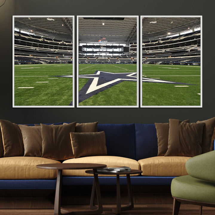 AT&T Stadium Dallas Cowboys Canvas Print displayed above a dining table.