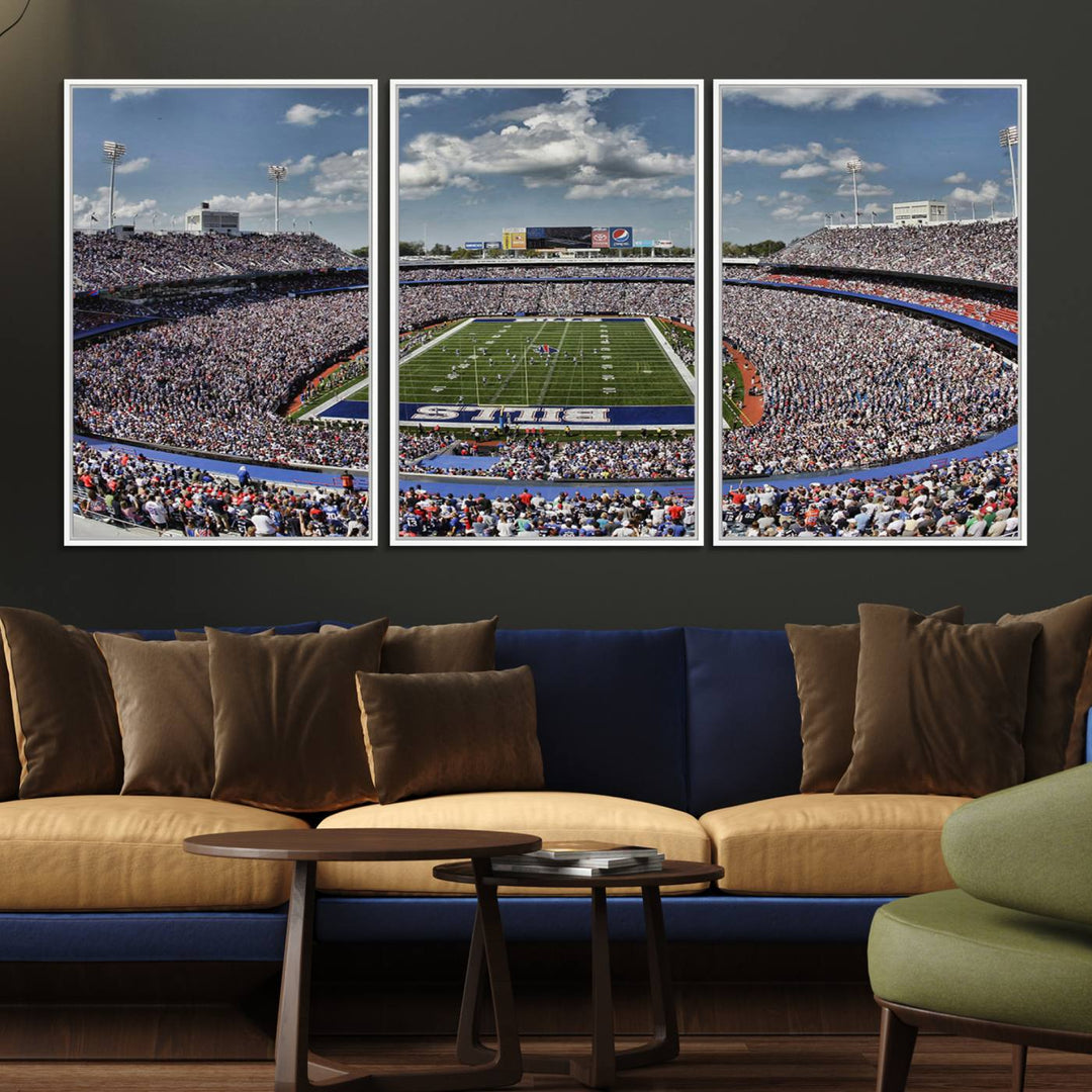 Our Buffalo Bills Game Day Canvas captures a vibrant scene at Highmark Stadium, with a lively crowd under a partly cloudy sky.