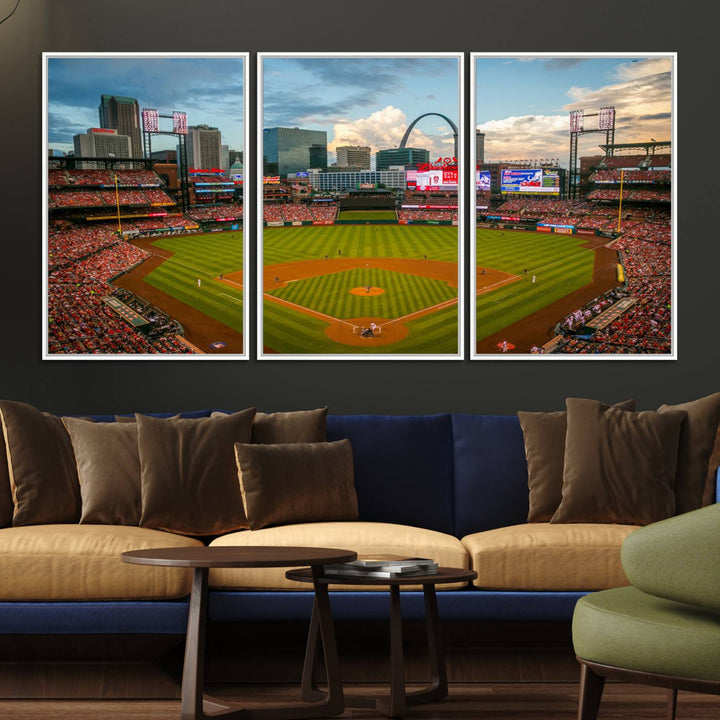 A Busch Stadium canvas print featuring a cityscape, ideal for enhancing living room or man cave sports decor.