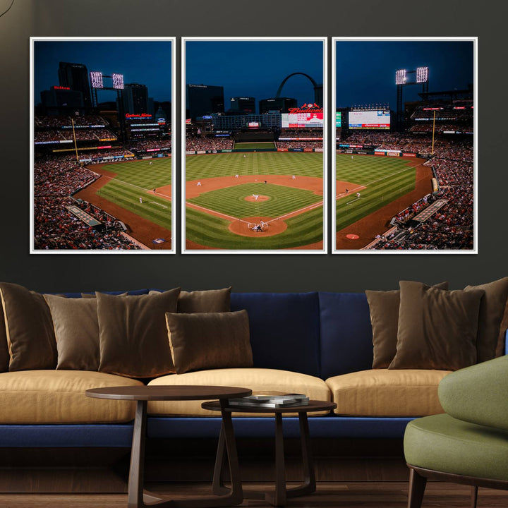 A St. Louis Cardinals Baseball Team print of Busch Stadium at night adorns the wall.