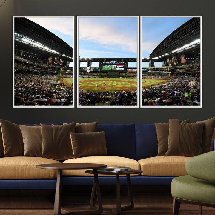 The wall art is an Arizona Diamondbacks Baseball Print depicting a packed Chase Field Stadium under a clear blue sky.