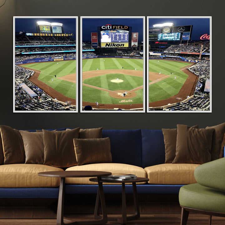 The wall is adorned with a 3-panel Citi Field Wall Art Print, framed for sports-themed decor.