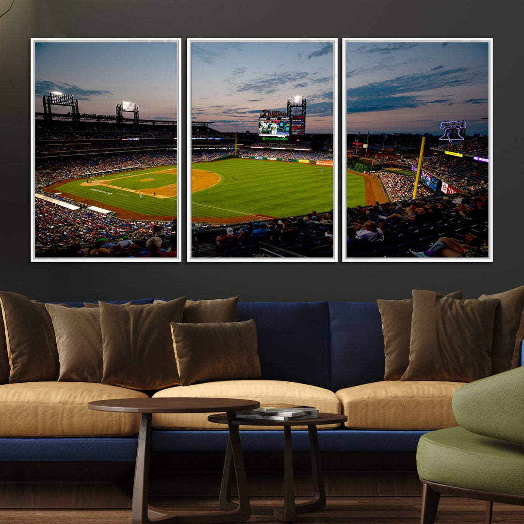 A wall art piece depicting the Philadelphia Phillies Citizens Bank Park Stadium at dusk.