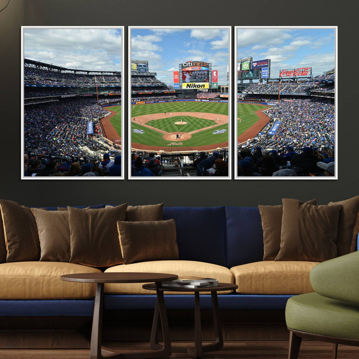 A wall art piece featuring a New York Mets Baseball Team print of Citi Field during a thrilling game under a blue sky.