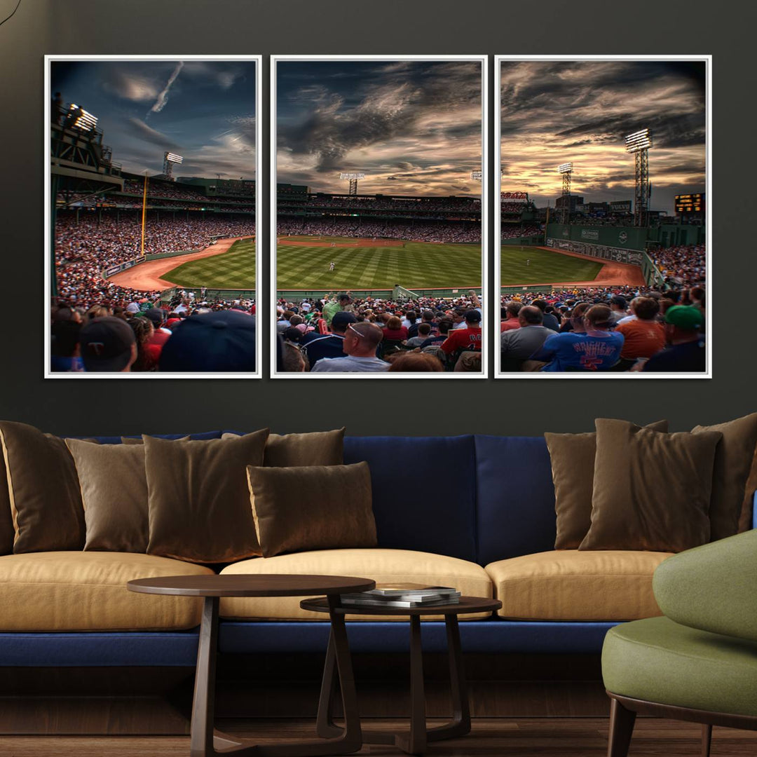 Boston Red Sox canvas print of Fenway Park at sunset, ideal for sports fans.