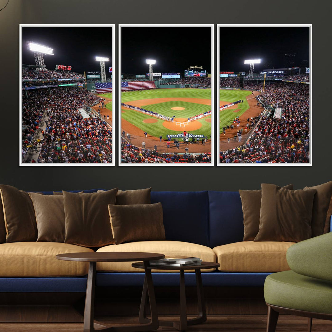 The Fenway Park Wall Art Canvas Print showcases a stunning aerial view of Bostons iconic ballpark at night, making it an ideal piece for any Red Sox enthusiast.