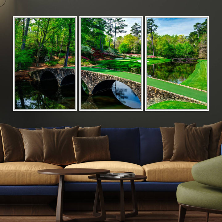 The wall art from Augusta National Golf Club showcases a panoramic bridge set against rich, lush greenery on a framed triptych canvas.