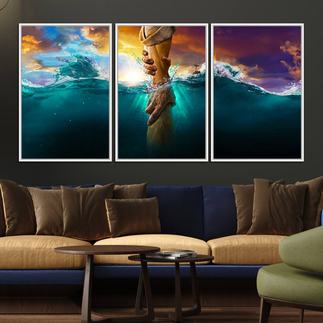 The God Hand Wall Art Canvas Print depicts hands reaching through water against a vibrant sky.