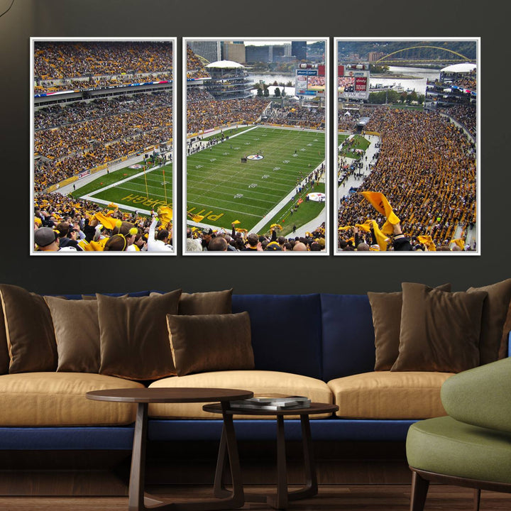 Heinz Field wall art and a cityscape serve as the backdrop.