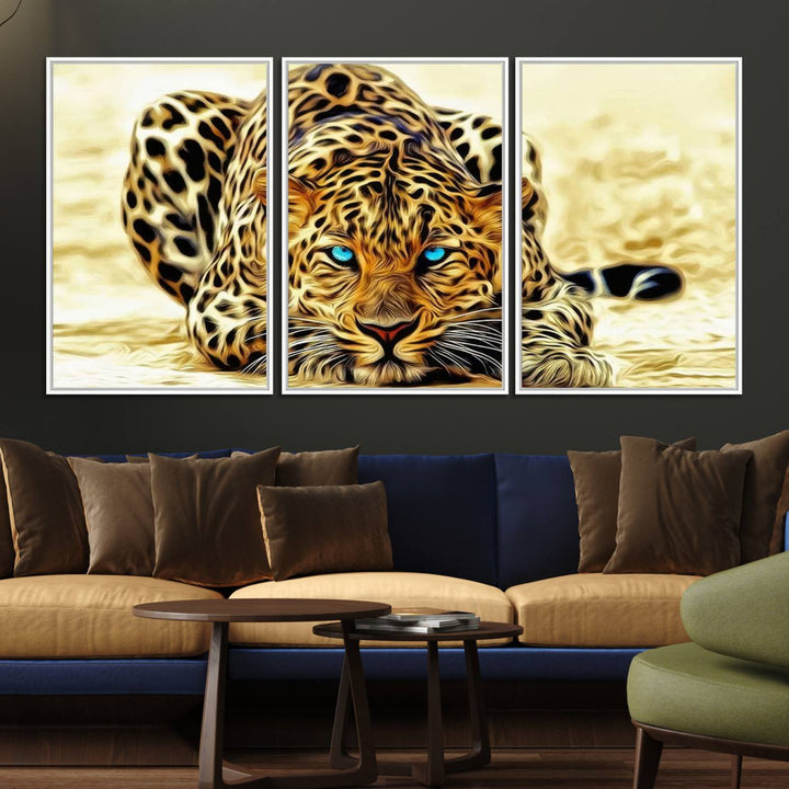 The Blue-Eyed Leopard Canvas Wall Art features a fierce and captivating design, perfect for wildlife enthusiasts. Its bold imagery makes it a striking decor piece, ready to hang.