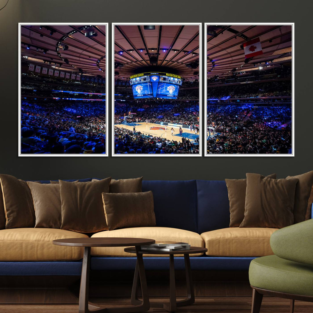 A print depicting an NBA game at Madison Square Garden, highlighting the scoreboard.