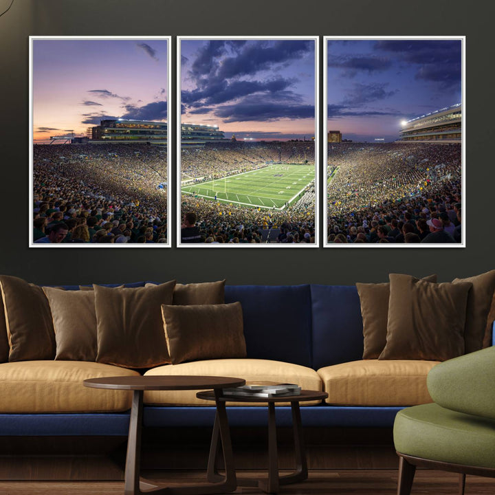 As the sun sets, a stunning backdrop highlights the Notre Dame Fighting Irish Football Team Print.