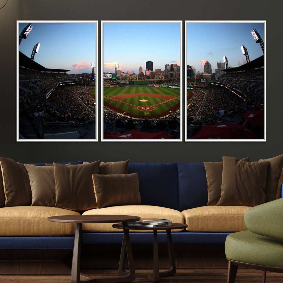 The PNC Park Evening Game Canvas, featuring a skyline backdrop, is displayed on the wall.