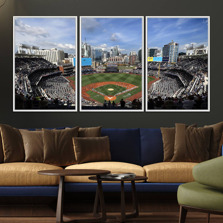 The San Diego Padres Baseball Canvas Print of Petco Park enhances the modern kitchen-dining area.