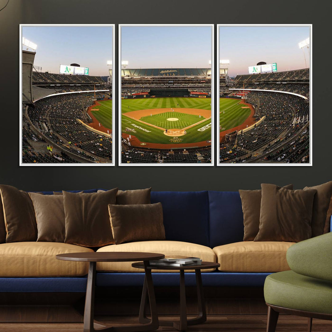 Oakland Athletics wall art canvas featuring the interior of RingCentral Coliseum Stadium.