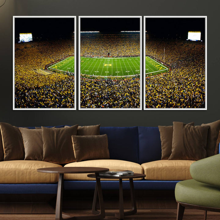 Aerial view of Michigan Stadium night game, ideal for Michigan Wolverines Football Team displayed on a triple canvas wall art.