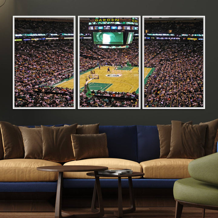 A vibrant depiction of a TD Garden basketball game is beautifully captured in the Boston Celtics Triple Canvas Wall Art, which comes framed and ready to hang.