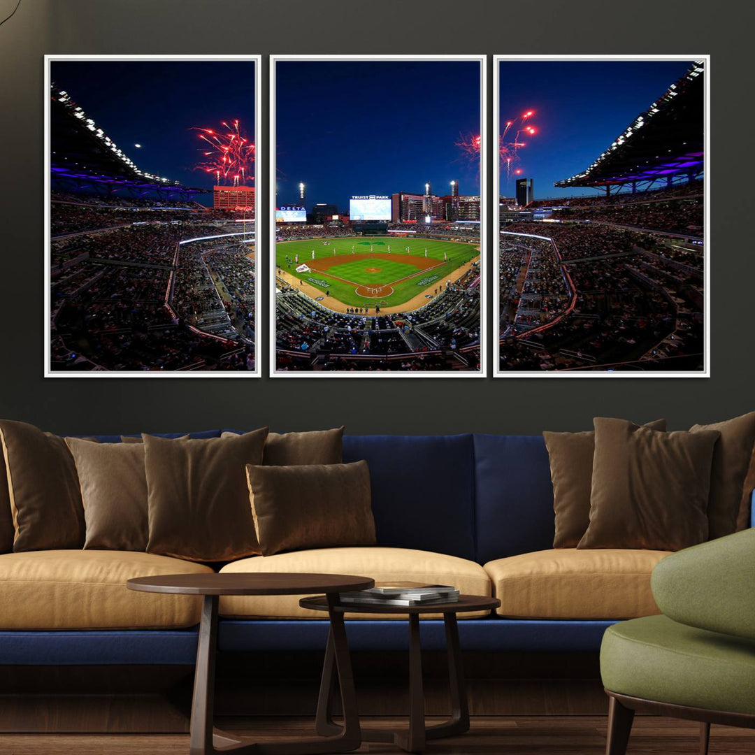 Truist Park wall art: fireworks over a Braves crowd, a large 3-panel canvas, framed and ready-to-hang.