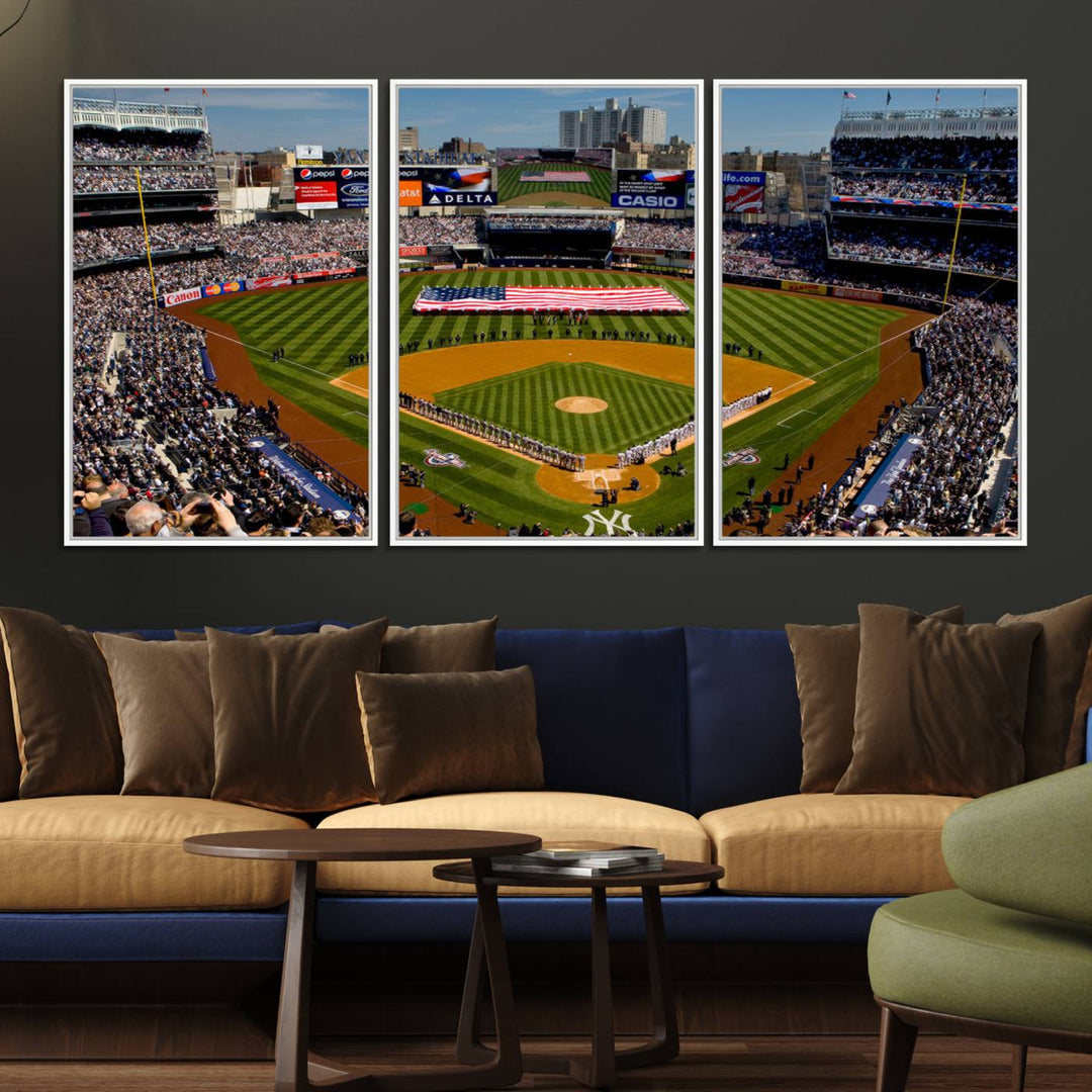 The Yankee Stadium New York wall art print features a vibrant scene of baseball fans with a large flag and players, expertly capturing the spirit of the game. This ready-to-hang décor is perfect for adding a dynamic touch to any space.