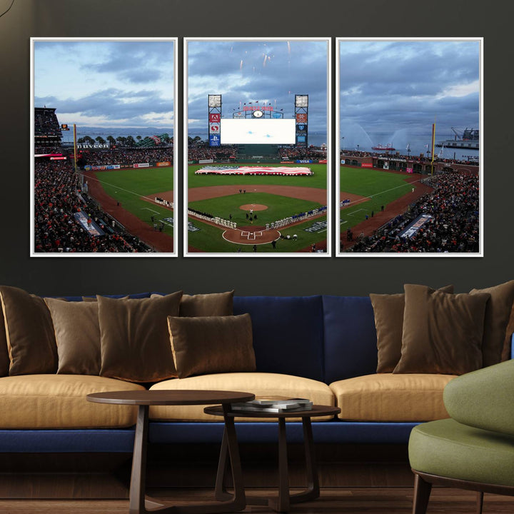 This framed 3-panel canvas MLB wall art features a giant flag and fans under a cloudy sky at Oracle Park.