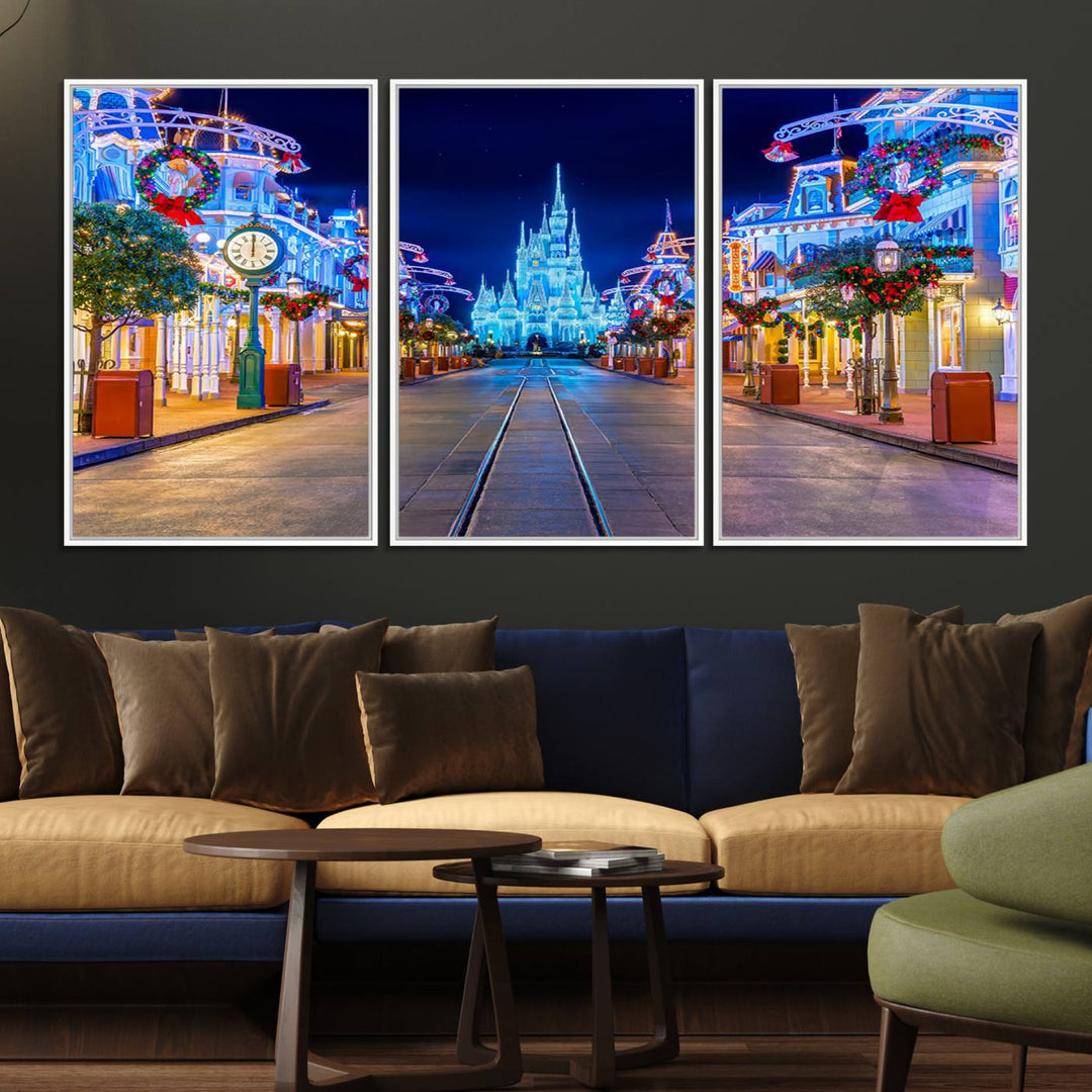 Disney wall art featuring a fantasy castle street at night.