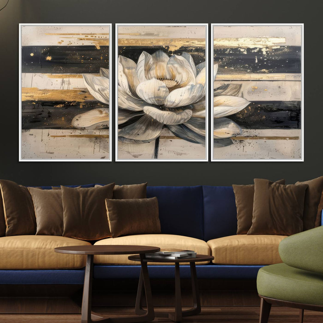 The wall is adorned with an Abstract Lotus Flower Wall Art Canvas Print.