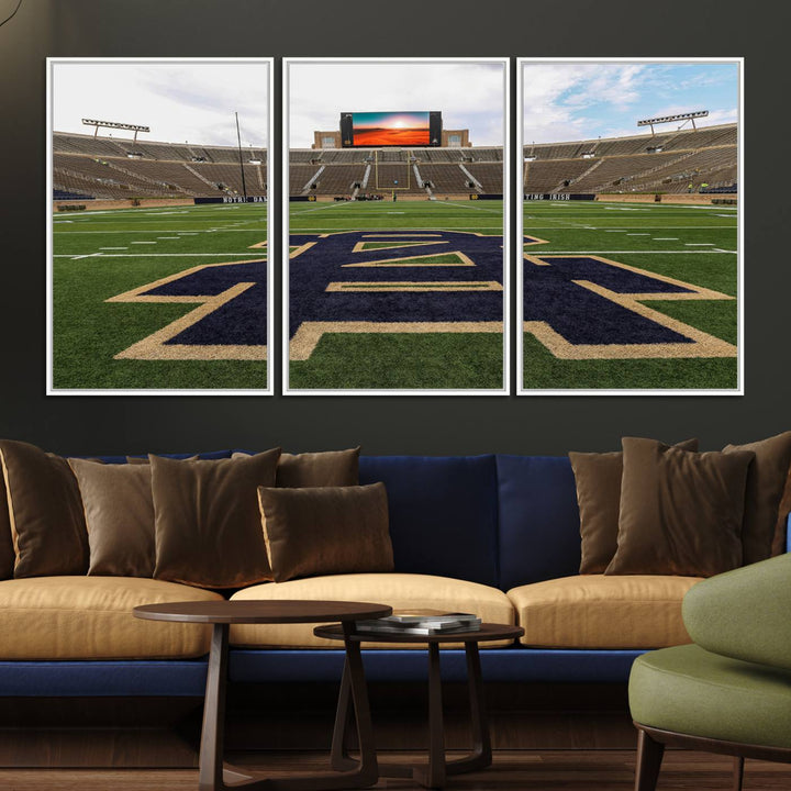 Notre Dame Stadium Triptych: This ready-to-hang giclee canvas print features a vibrant depiction of the football field adorned with an A logo and a stunning sunset.