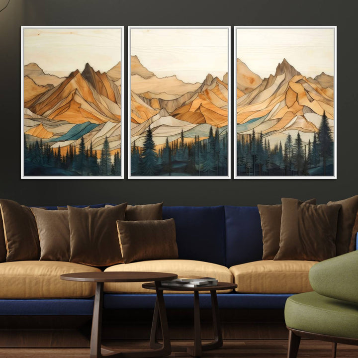 A triptych giclee print of mountains decorates the wall above the counter.