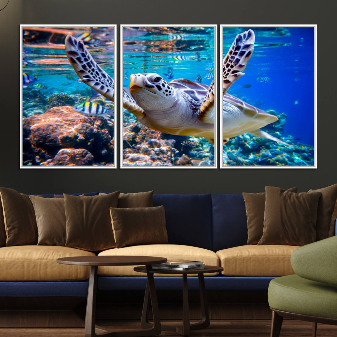 The Underwater Sea Turtle Wall Art Canvas Print serves as vibrant ocean décor, enhancing the kitchen with its stunning depiction.