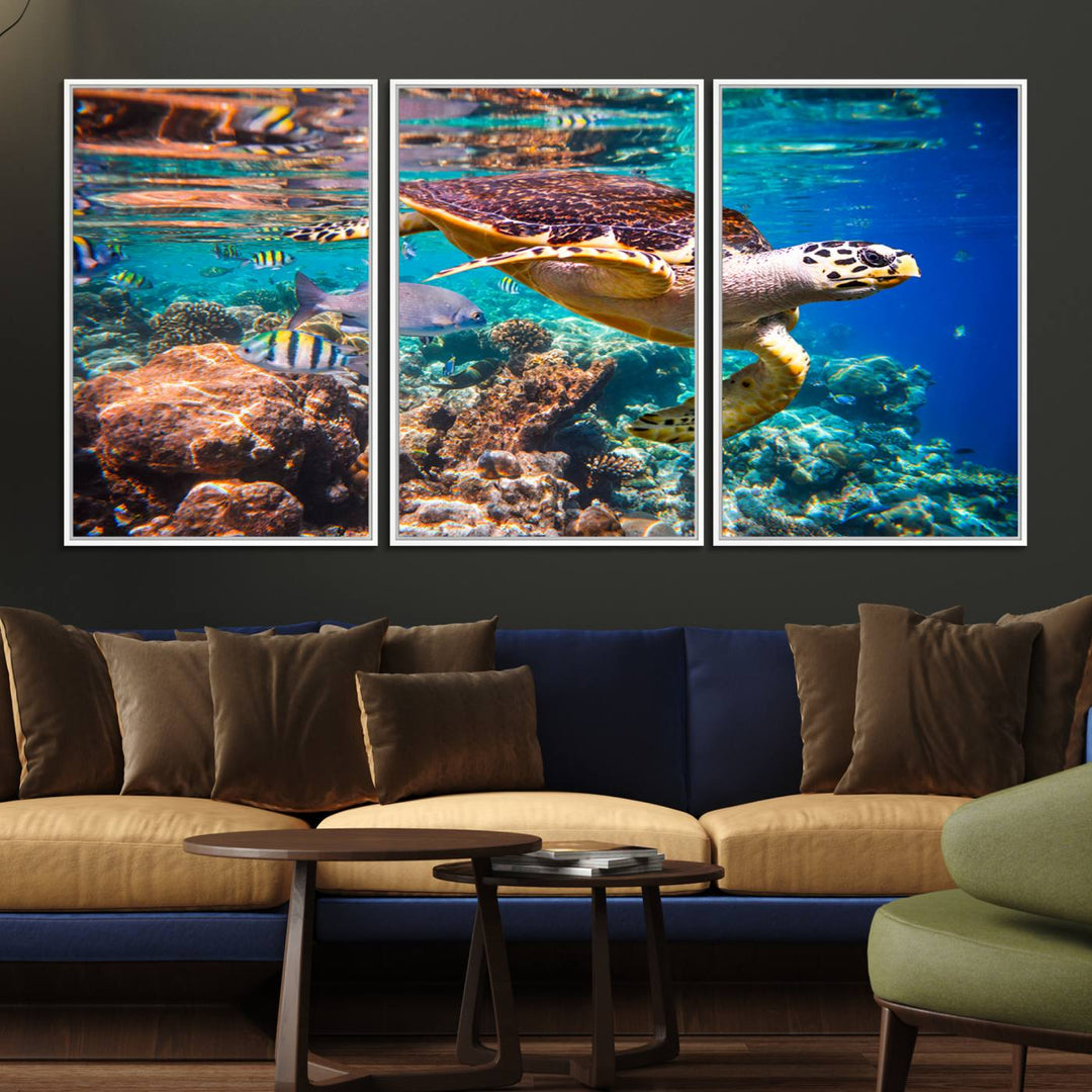 A Sea Turtle Wall Art Canvas Print features a colorful turtle swimming among coral. This artwork is ready to hang.