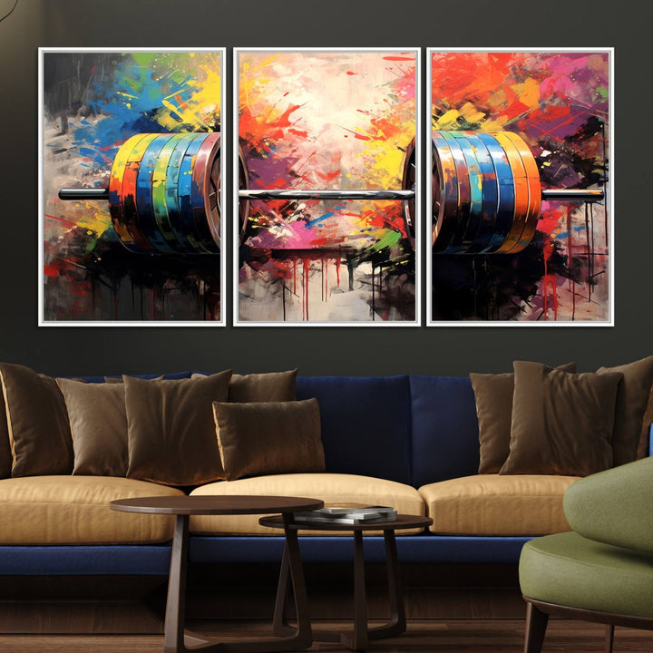 The Weightlifting Barbell Art Triptych hangs prominently on the wall.