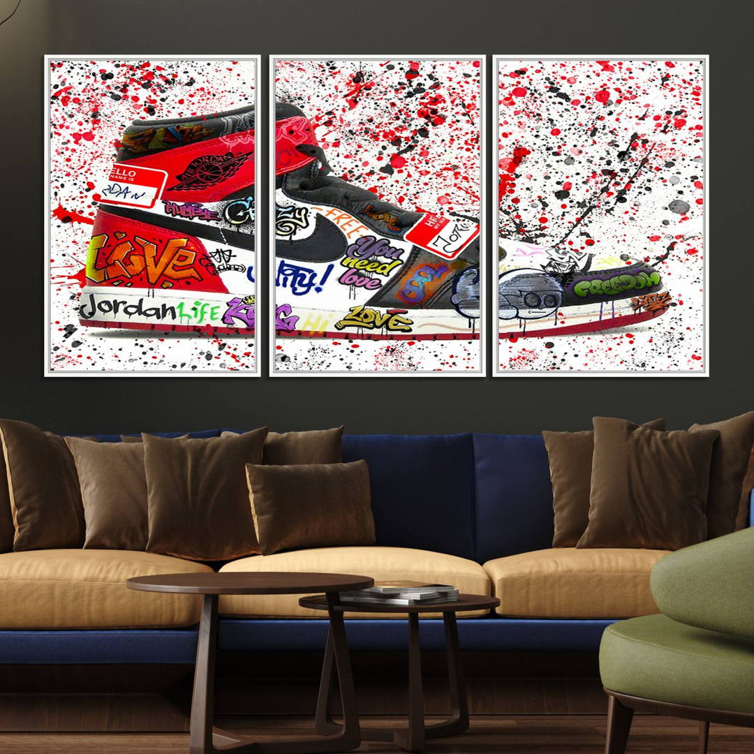 A Jordan Shoes Graffiti Canvas Print hangs prominently, perfect for sneakerheads and urban art lovers.