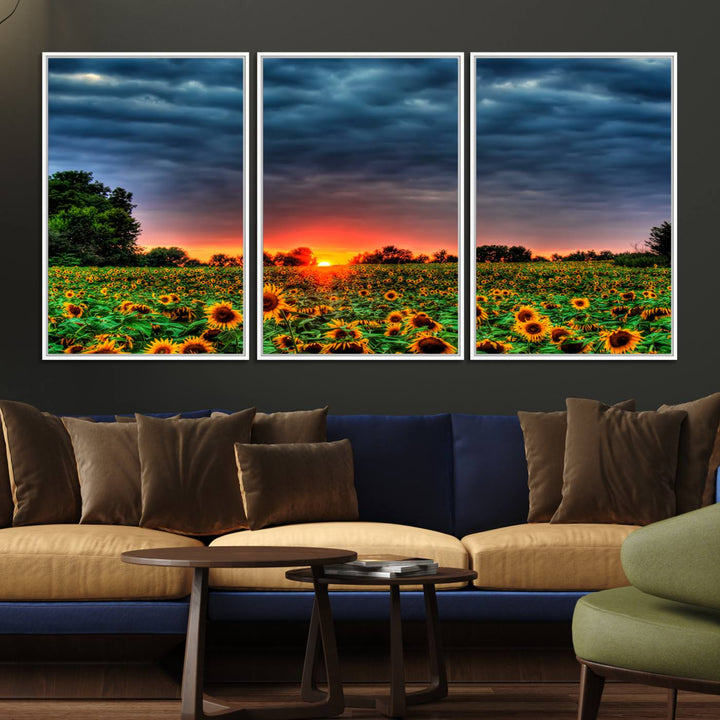 A Golden Sunflower Field at Sunset ready-to-hang wall art canvas print.