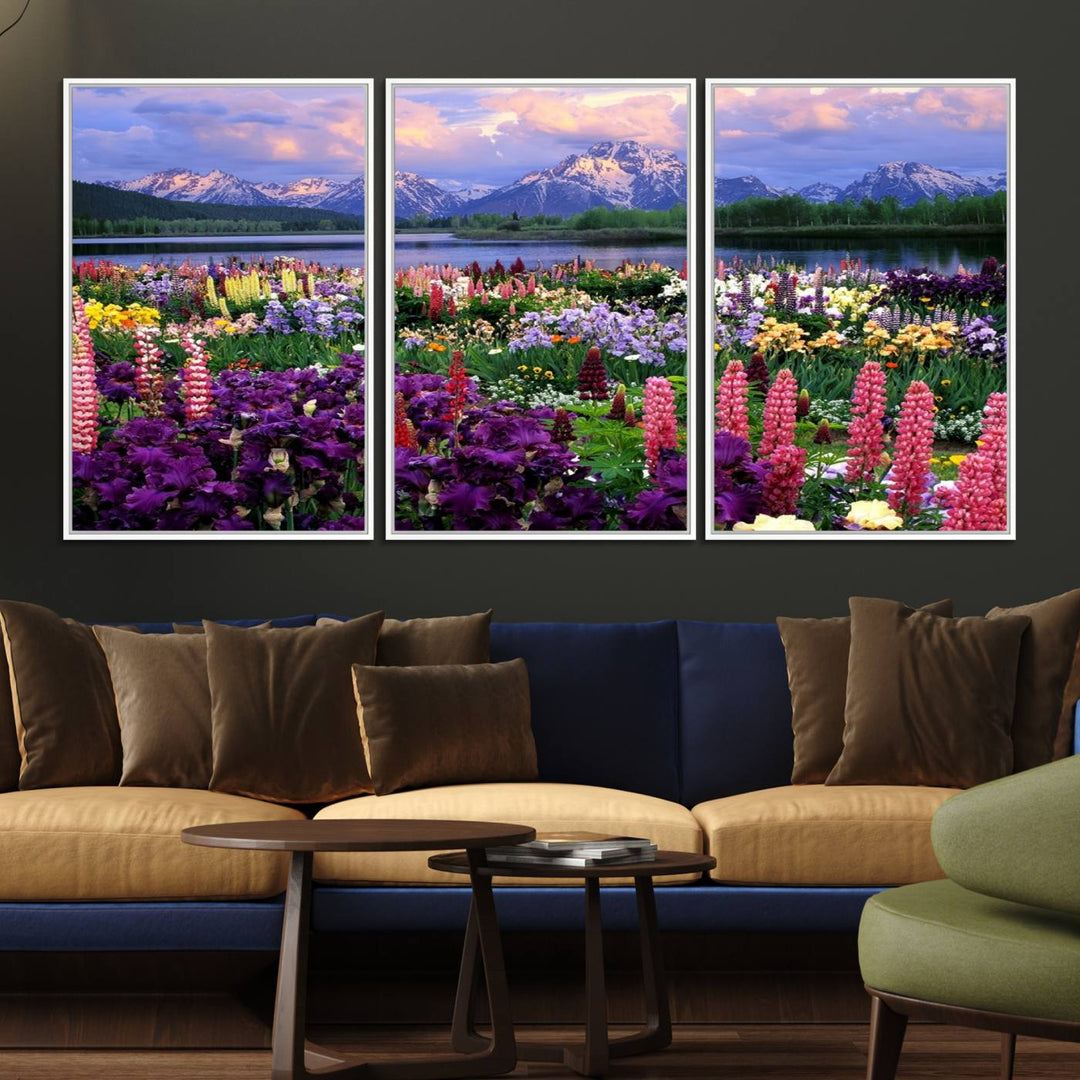 A Vibrant Wildflower Garden and Mountain View Giclee Print is displayed prominently on the wall.