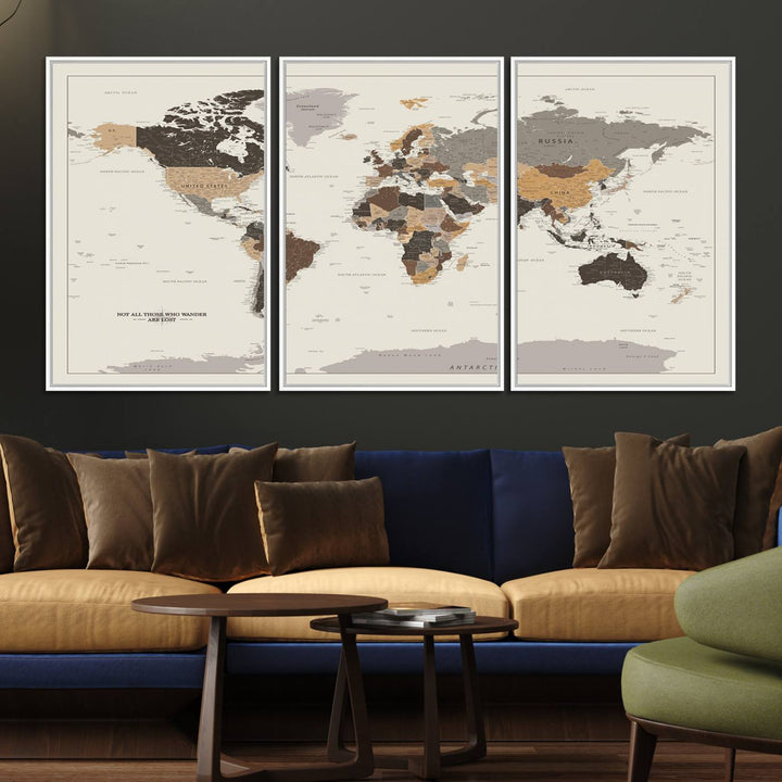 Antique-style world map canvas print with Not all those who wander are lost, perfect for vintage decor.