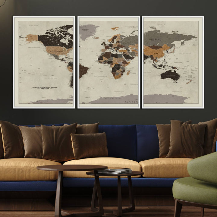 A vintage world map on beige canvas, featuring countries in brown and black shades.