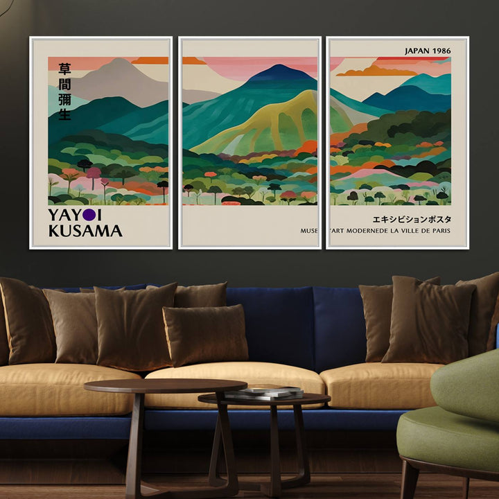 Vibrant Kusama landscape canvas featuring floral mountains and botanical decor, ideal for a modern home.