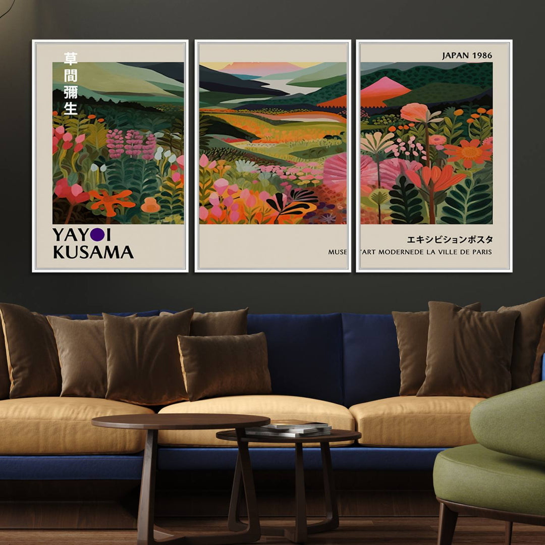 Yayoi Kusamas Landscape Canvas Print with vibrant floral mountain art adorns the wall.