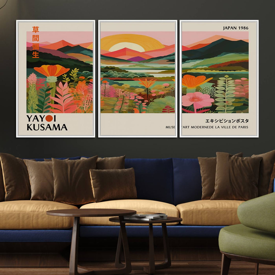 The Yayoi Kusama Landscape Canvas Print, featuring vibrant floral mountains and sunset scenery, enhances the room.