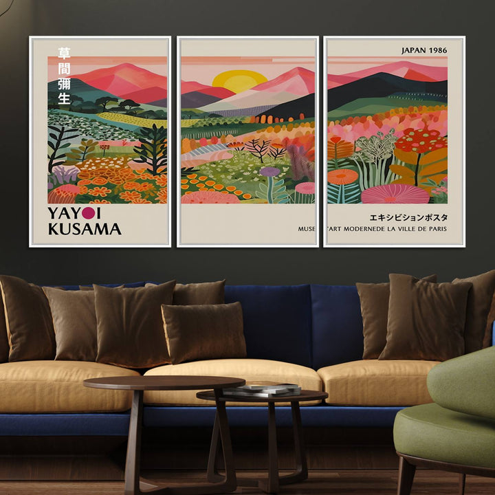 The wall art includes a vintage world map and Yayoi Kusamas colorful landscape.