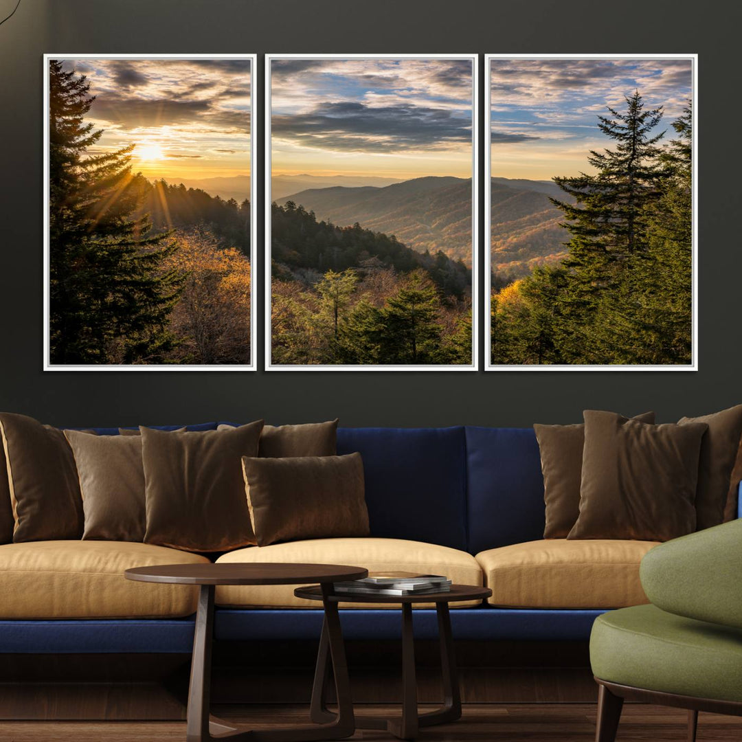 A triptych canvas titled Sunrise Over the Smoky Mountains adorns the wall.