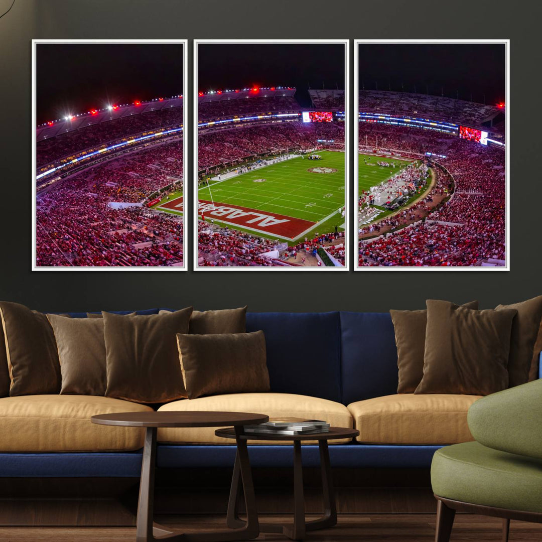 The living room features a Bryant-Denny Stadium Night Game Triple Canvas Wall Art.