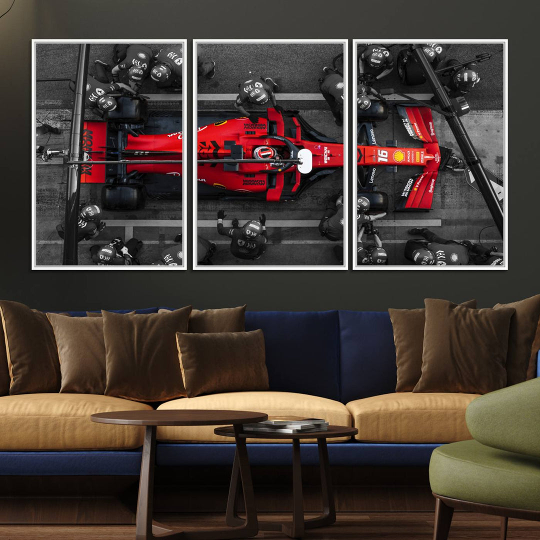 Ferrari Pit Stop Canvas Wall Art displayed prominently in the living room.