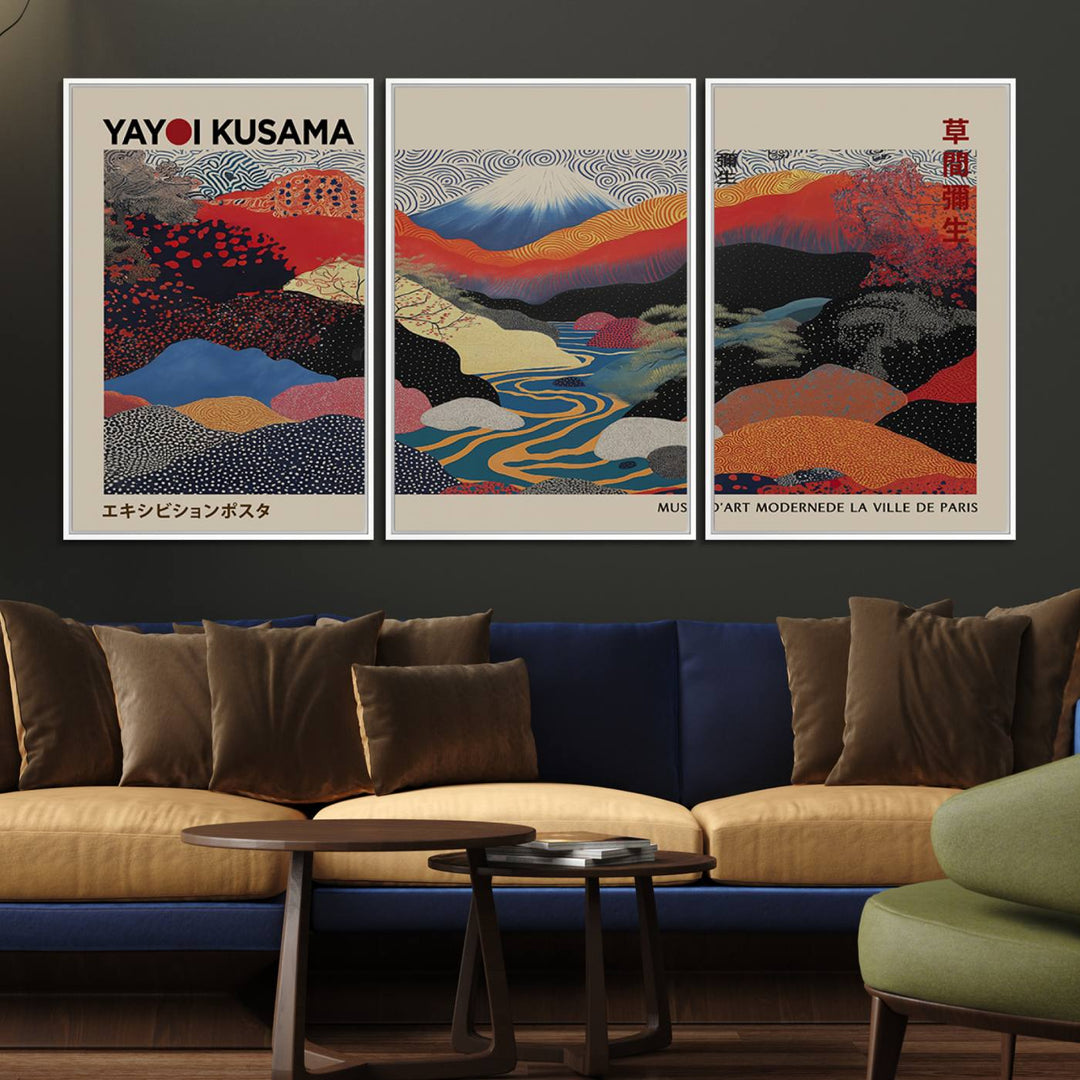 The room showcases Kusamas 1986 vibrant abstract landscape wall art print.