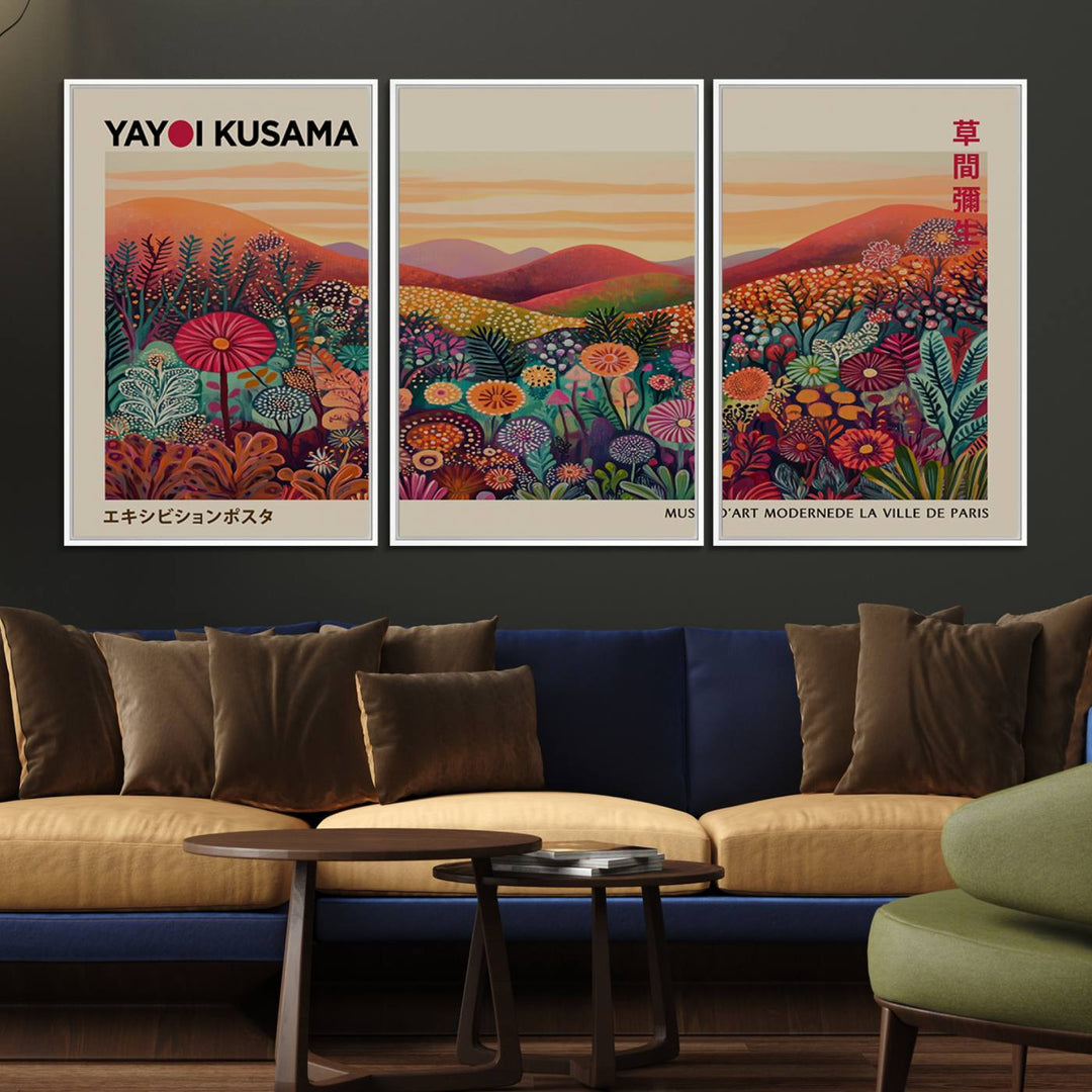 A framed Yayoi Kusama abstract landscape art print adorns the wall.