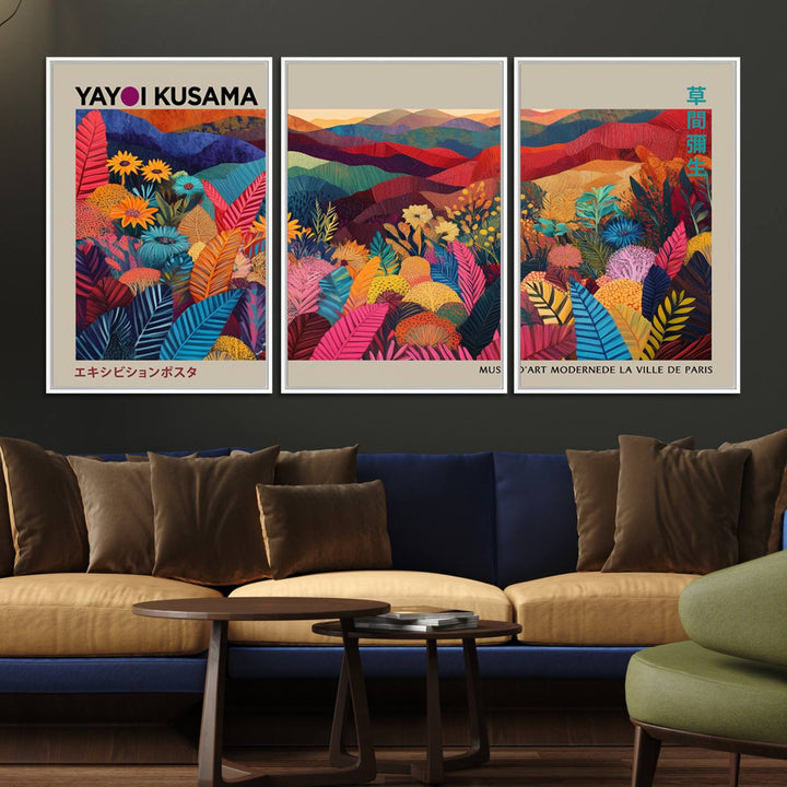 A Yayoi Kusama 1986 wall art print adds color in a modern living room.