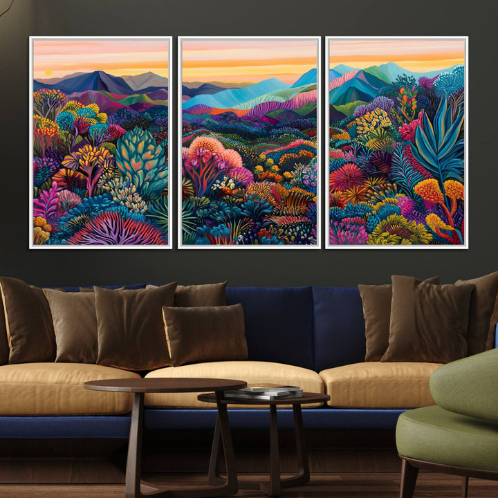 A colorful abstract wall art print canvas adorns the space.