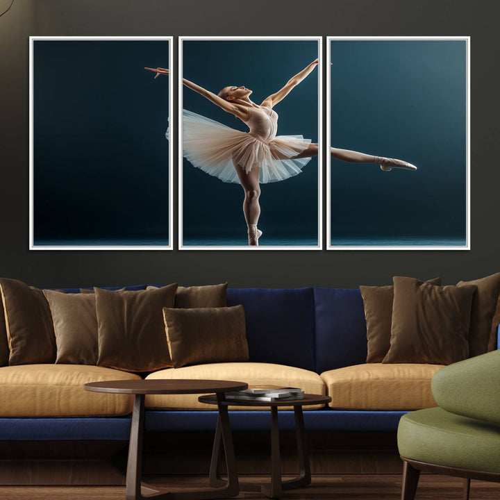 This stunning Ballerina Canvas Wall Art Print captures the elegance of a ballet dancer in motion, beautifully highlighted against a stage-like backdrop with delicate decor and natural elements. As graceful dance-inspired wall decor, it adds an element of grace and movement to any living room, office, or bedroom and is ready to hang.